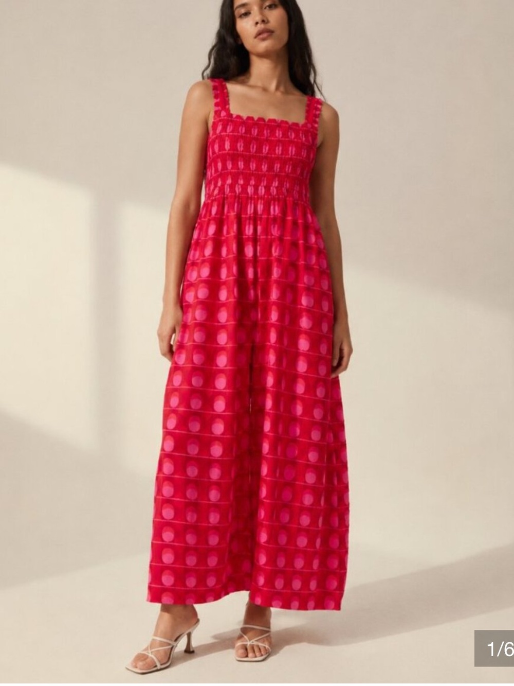 Zara Fuchsia Polka Dot Smocked Wide-Leg Jumpsuit